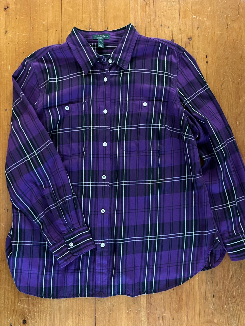 Lauren Ralph Lauren Jeans Co. Brushed 100% Cotton Purple Black White Plaid Shirt